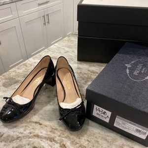 Prada Black Patent Low Heel Tie Pump 36